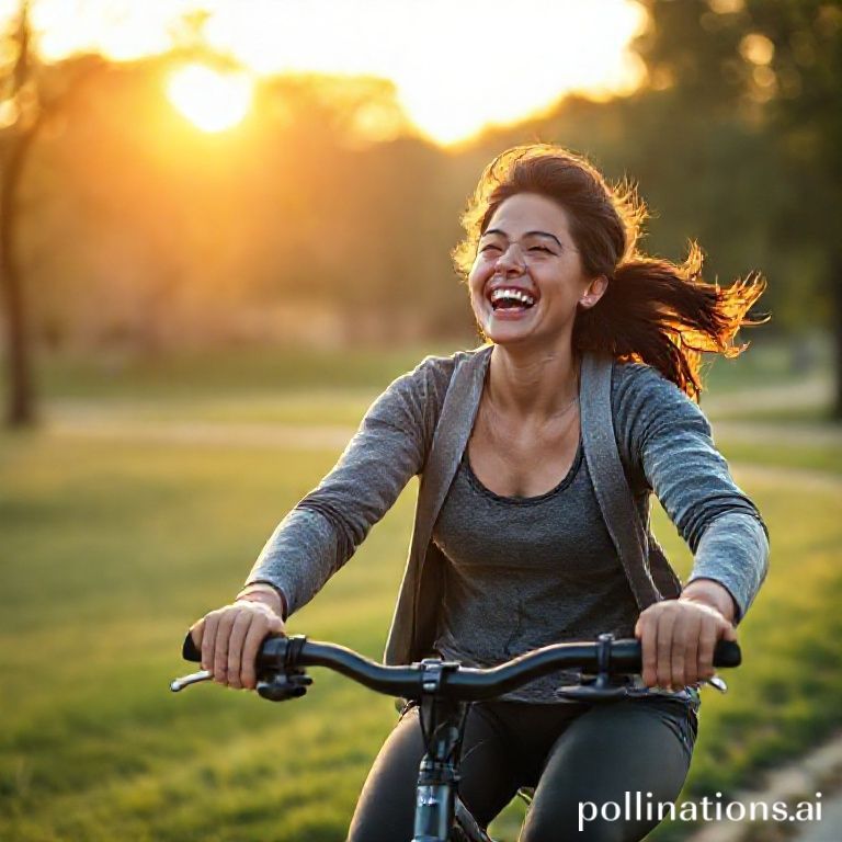 A person joyfully cycling through a scenic park during golden hour, with a wide smile, wearing comfortable activewear, conveying a sense of freedom and happiness. The background is slightly blurred to emphasize the person.
