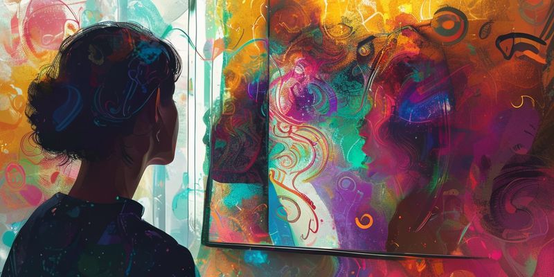 Soyut semboller ve renkler yansıtan bir aynaya bakan kişi