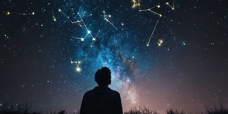 A person looking up at a starry night sky with constellations.