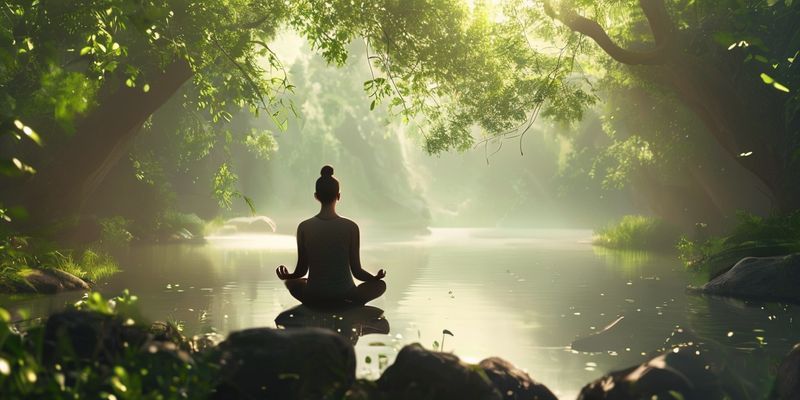 A person meditating peacefully in a serene natural environment