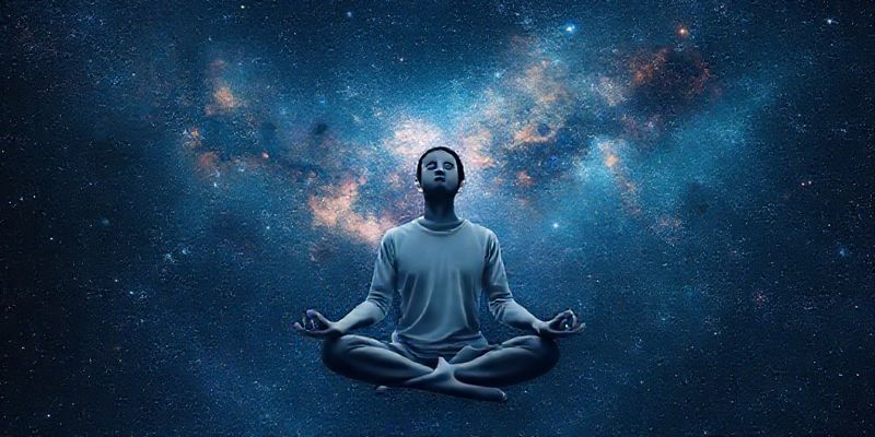 A person meditating peacefully with a cosmic background filled with stars and nebulae