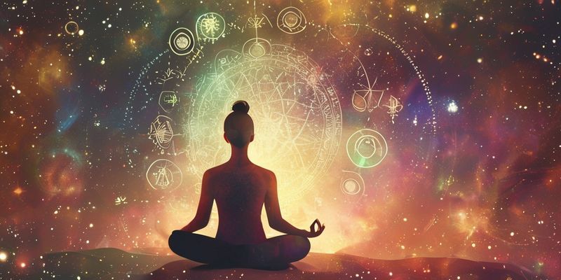 A person meditating peacefully with cosmic symbols around them, representing inner peace and grounding