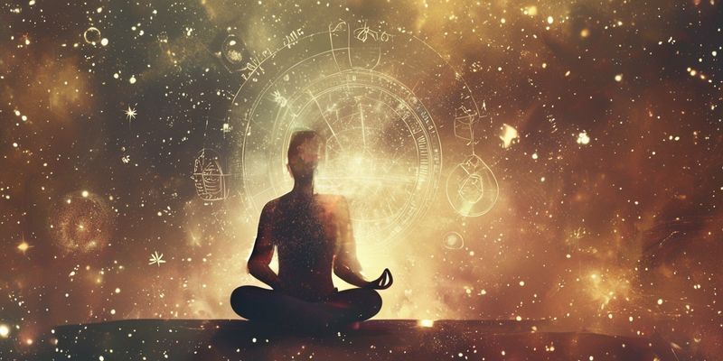 A person meditating peacefully, with cosmic dust and subtle astrological symbols around them.