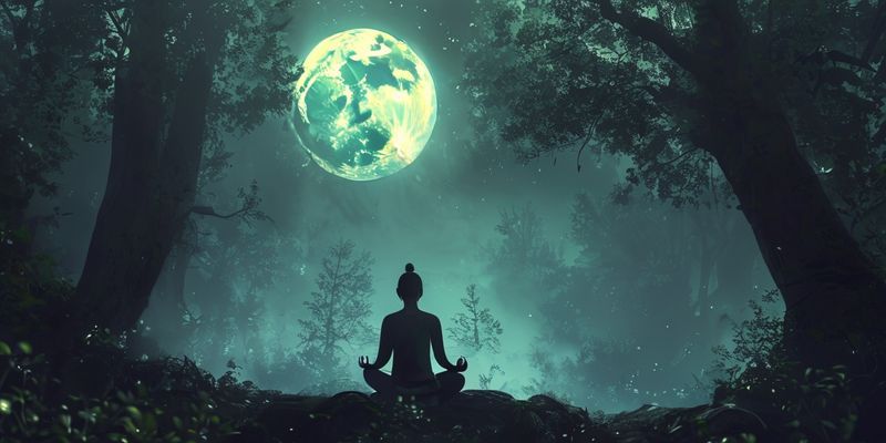 A person meditating under a full moon in a mystical forest