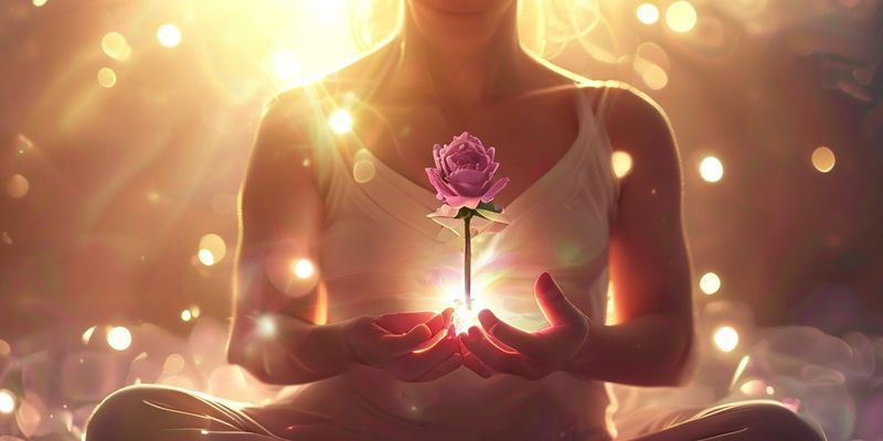 Göğsünde gül kuvars kristali ile meditasyon yapan bir insan, yumuşak ruhsal ışıkla çevrili.