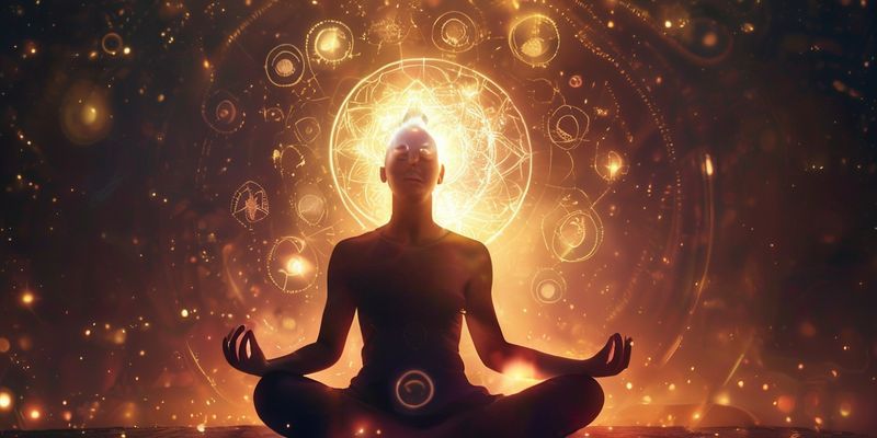 A person meditating with glowing symbols around their head
