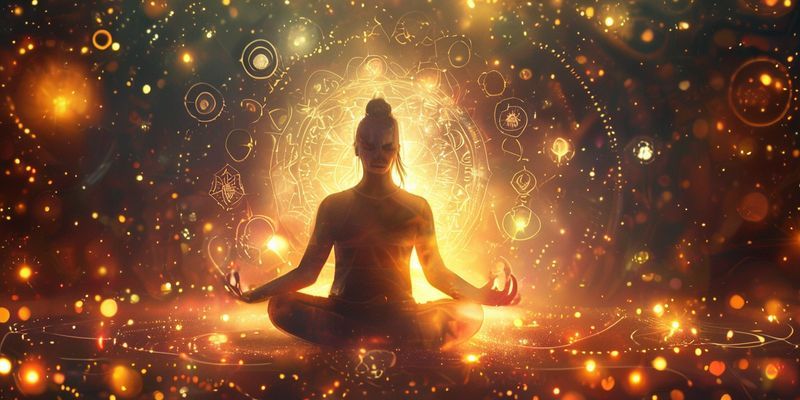 Bir kişi meditasyon yapıyor, etrafı parlak ışıklar ve sembollerle çevrili.