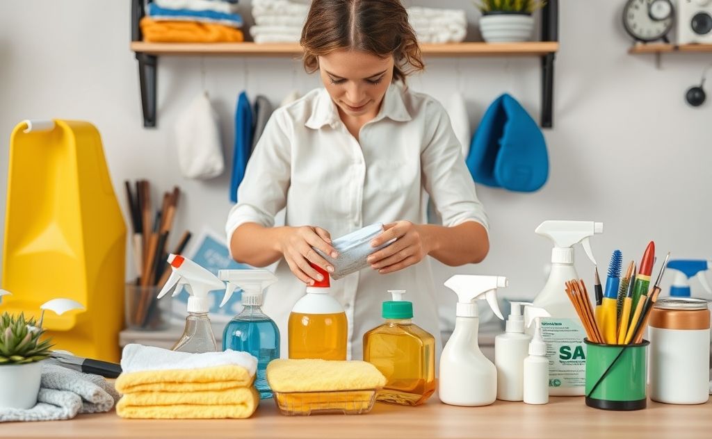 A person organizing cleaning supplies in a tidy workspace.