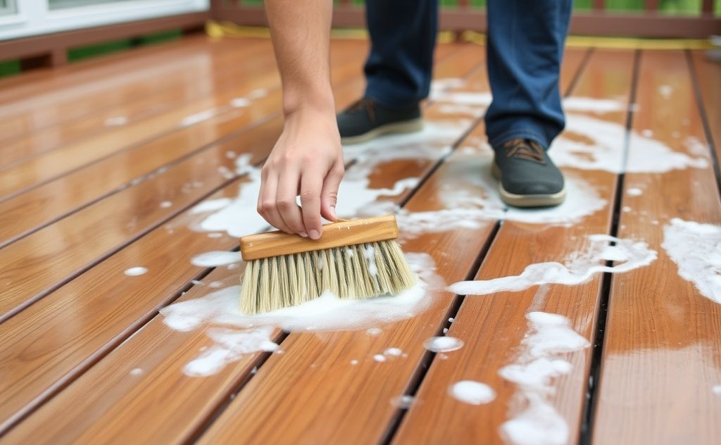 A person scrubbing a wooden deck with a brush and soapy water.
