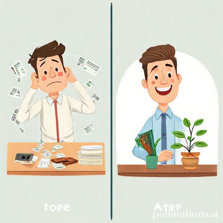 A person sitting at a desk looking stressed, surrounded by bills and an empty wallet, then transitioning to a confident smile with a full wallet and a thriving plant on the desk, illustrating a before-and-after financial transformation. The style is modern illustration with a touch of humor.