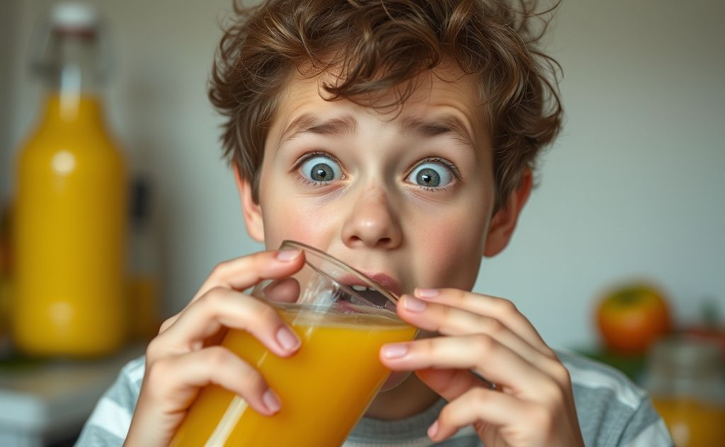 A person surprised by unexpected apple juice effects