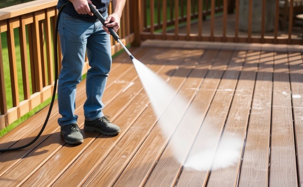 A person using a pressure washer on a wooden deck outdoors.