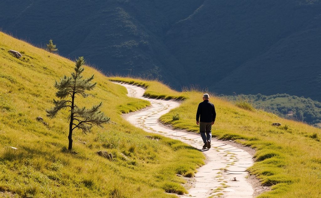 A person walking a winding path through nature
