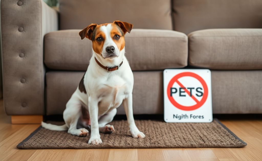 A pet dog sitting on a mat beside a couch with a 
