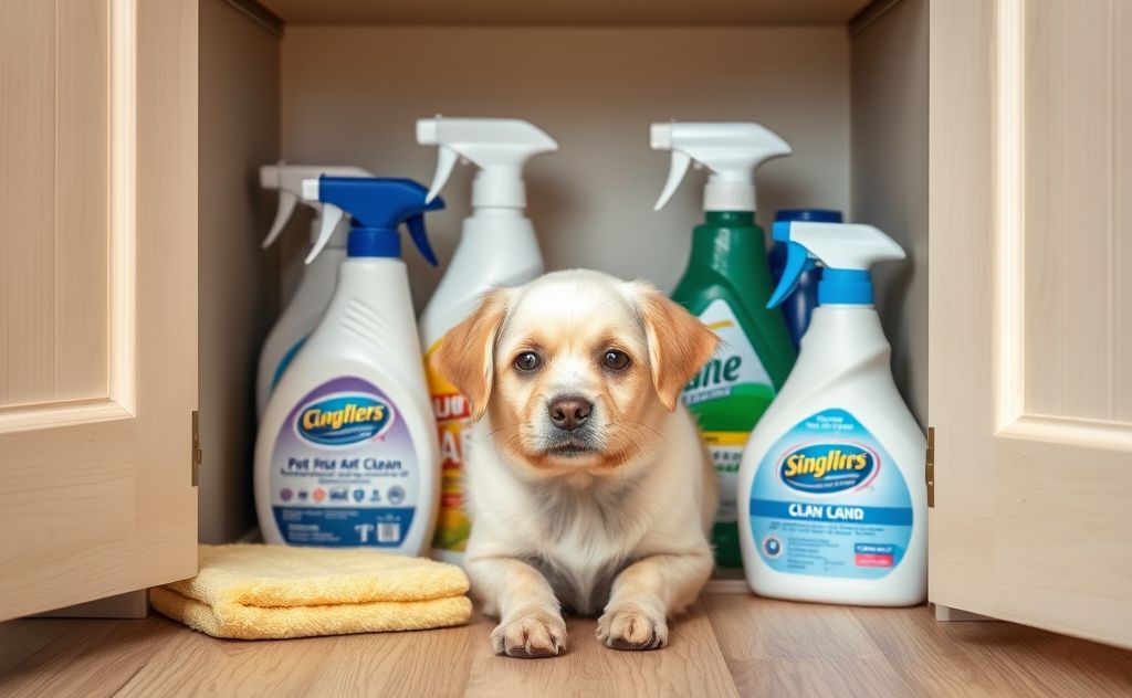 A pet-safe home environment with cleaning supplies stored securely.