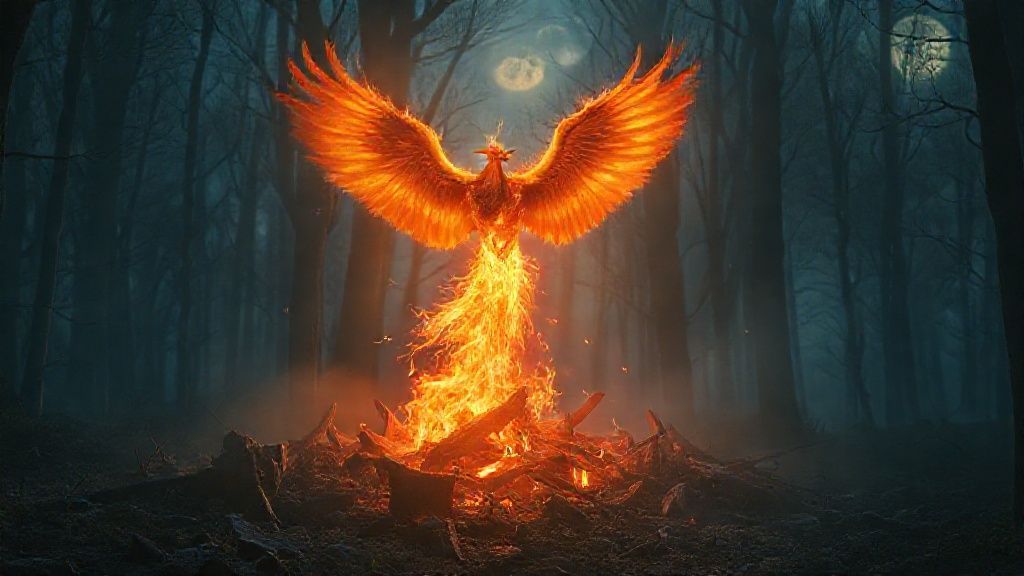 A phoenix, ablaze with inner fire, slowly rising from ashen embers in a moonlit, mystical forest. Ethereal light bathes the scene, highlighting transformation and resilience.