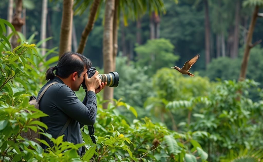 A photographer aiming to capture a rare bird in a lush forest.