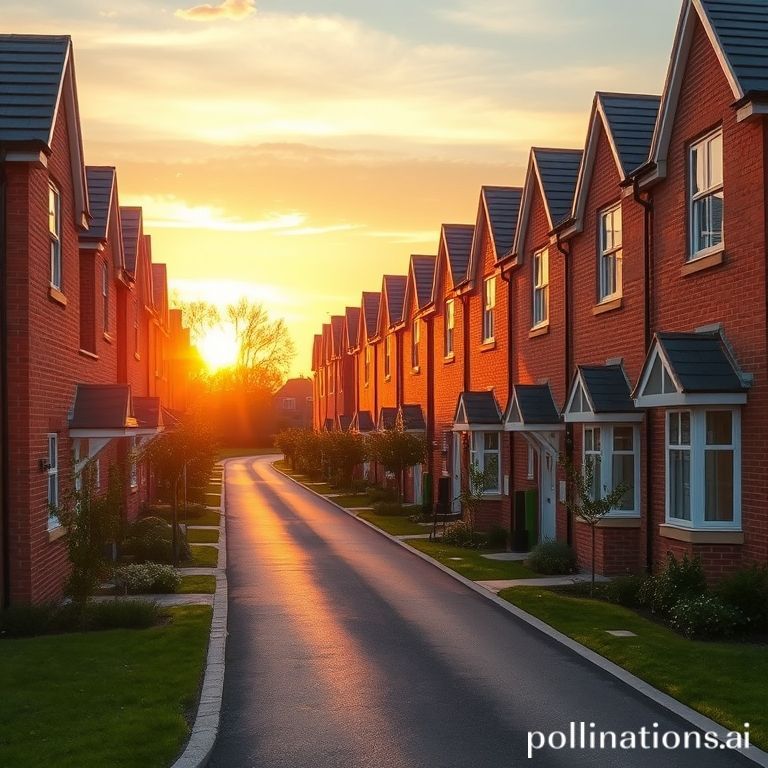 A serene view of an English street with new red-brick houses at sunset, symbolizing property development and investment in the UK.