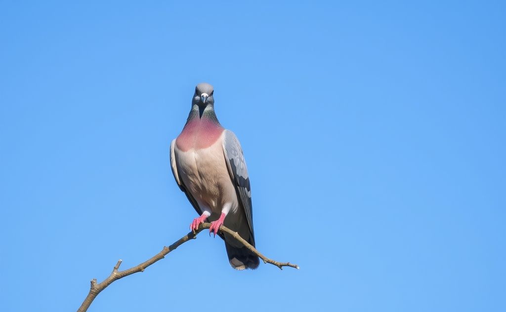 A pigeon perched on a branch against a clear blue sky.