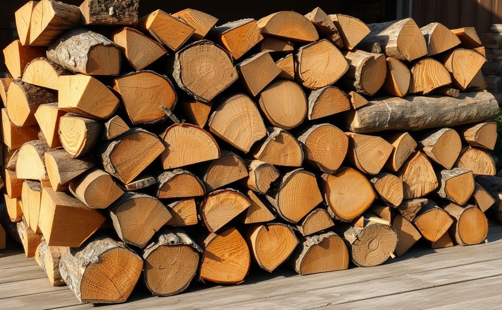 A pile of firewood with various types of wood logs stacked neatly.