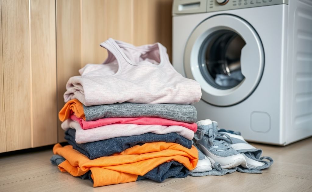 A pile of fresh workout clothes next to a washing machine.