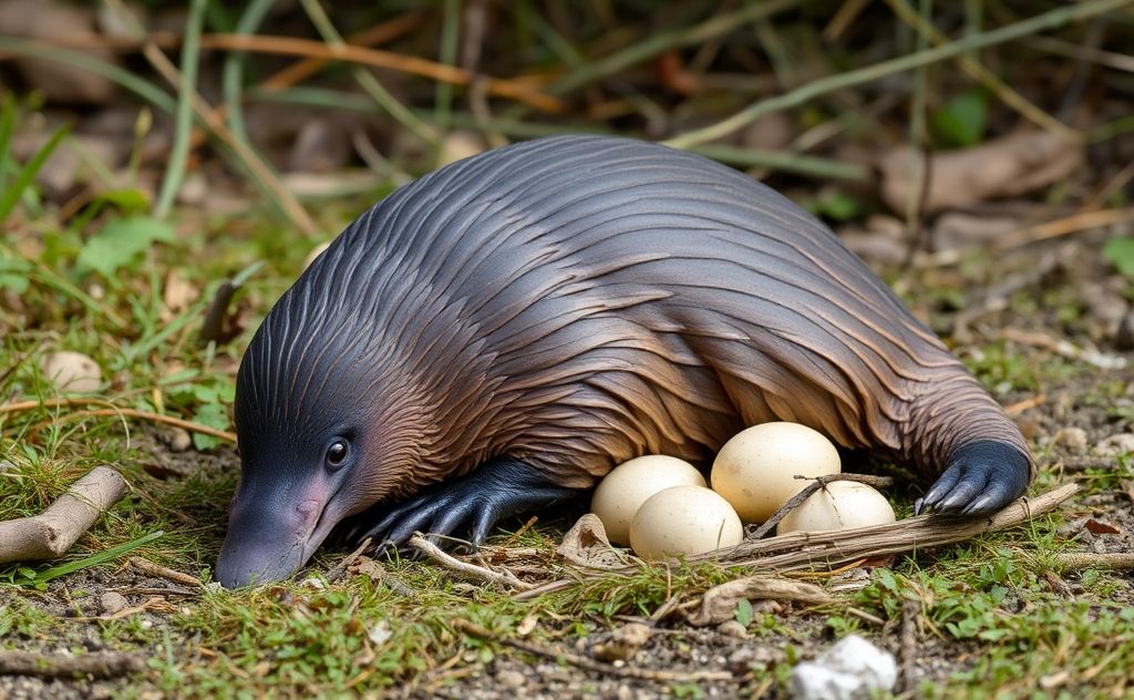 A platypus resting near its eggs in a serene natural setting.