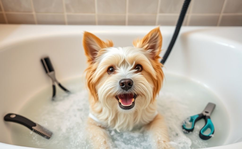 A playful dog splashing in a bathtub surrounded by grooming tools.
