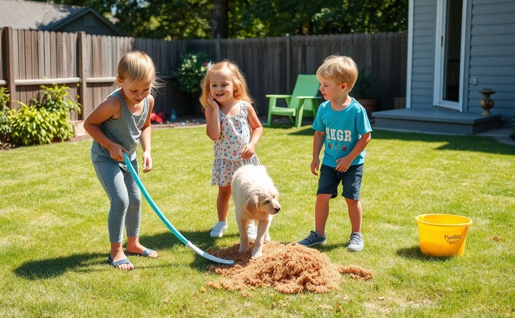 A playful scene of kids cleaning up pet mess in a sunny backyard.