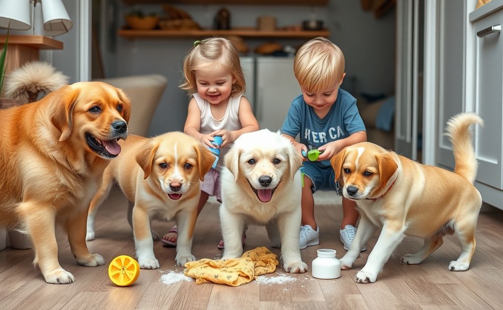 A playful scene of pets and kids cleaning up together.