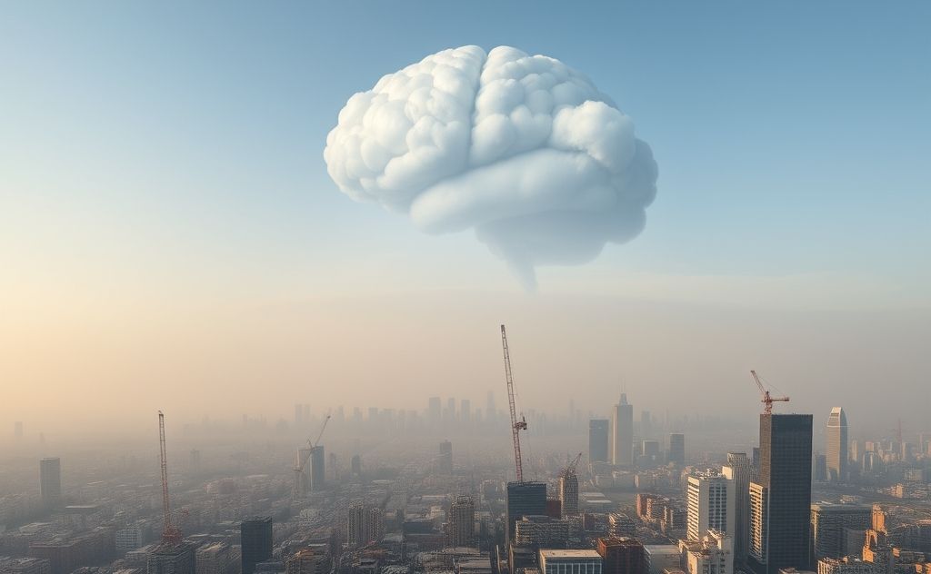 A polluted city skyline with smog and brain-shaped clouds above.