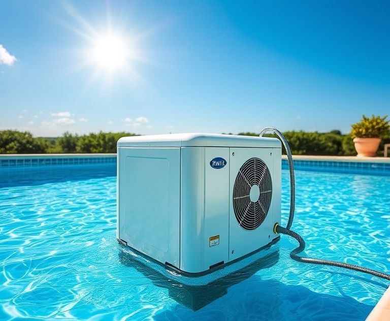 A pool heat pump operating under a sunny sky with clear water.