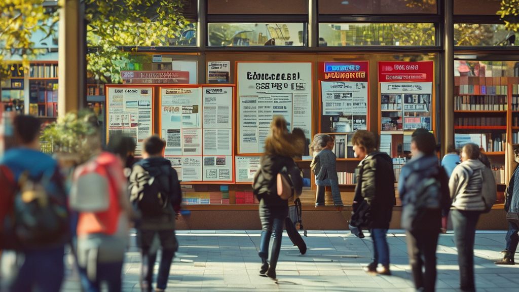 図書館の掲示板に貼られた映画上映会のポスターを見る人々