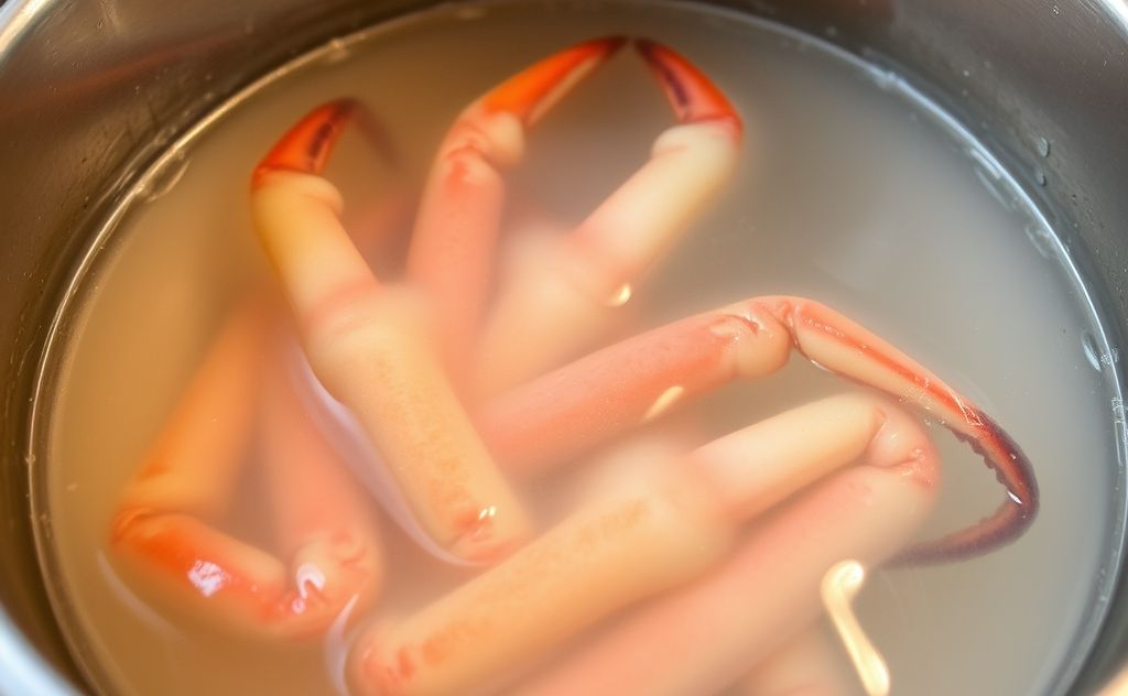 A pot of boiling water with crab legs being cooked inside.