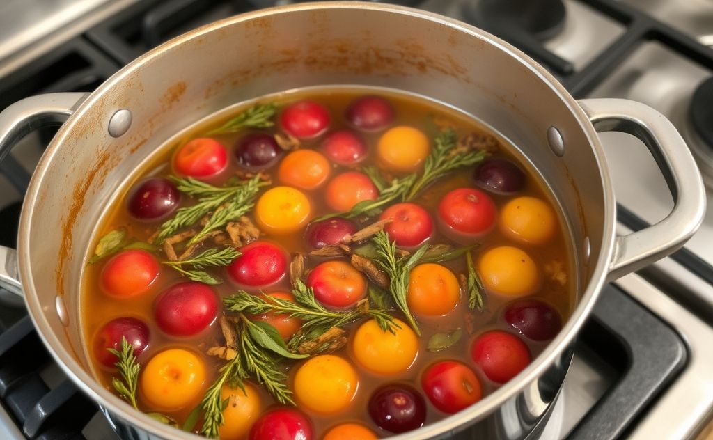 A pot simmering with aromatic herbs and fruits on a stove.