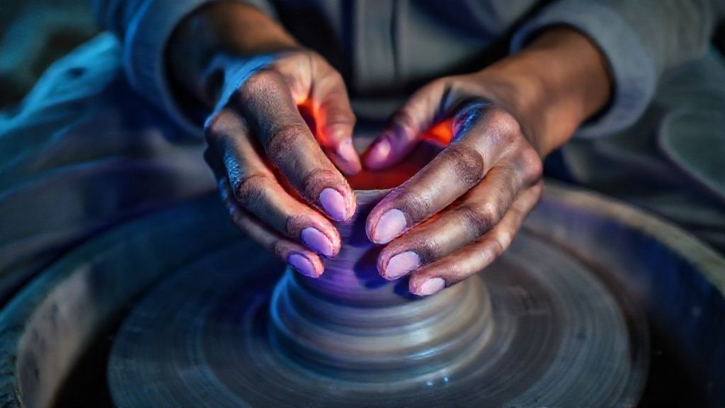 A potter's hands, illuminated by soft moonlight, shape clay on a wheel. The scene glows with ethereal blues and purples, capturing the grounding, meditative essence of creative expression.