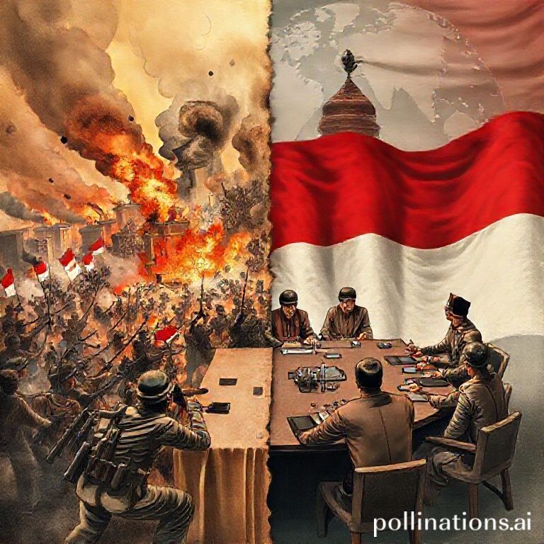 A powerful historical illustration depicting the Indonesian War of Independence, showing two distinct scenes merged into one: on one side, determined Indonesian freedom fighters (rakyat and soldiers) in a fierce battle with colonial forces amidst smoke and burning buildings, symbolizing armed struggle; on the other side, Indonesian diplomats in traditional attire engaging in a tense negotiation with international representatives around a large table, symbolizing diplomatic struggle. The background subtly includes elements of the Indonesian flag and a global map.