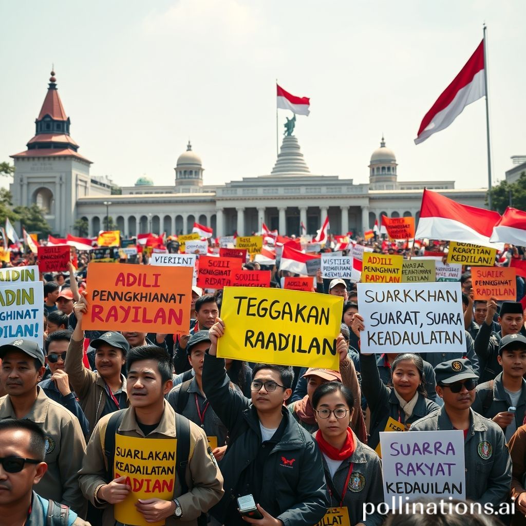 A powerful image depicting a large, diverse group of Indonesian university students, some wearing their distinctive almamater jackets, gathered in a prominent public square or in front of a significant government building. They are holding banners and placards with clear, bold slogans like 