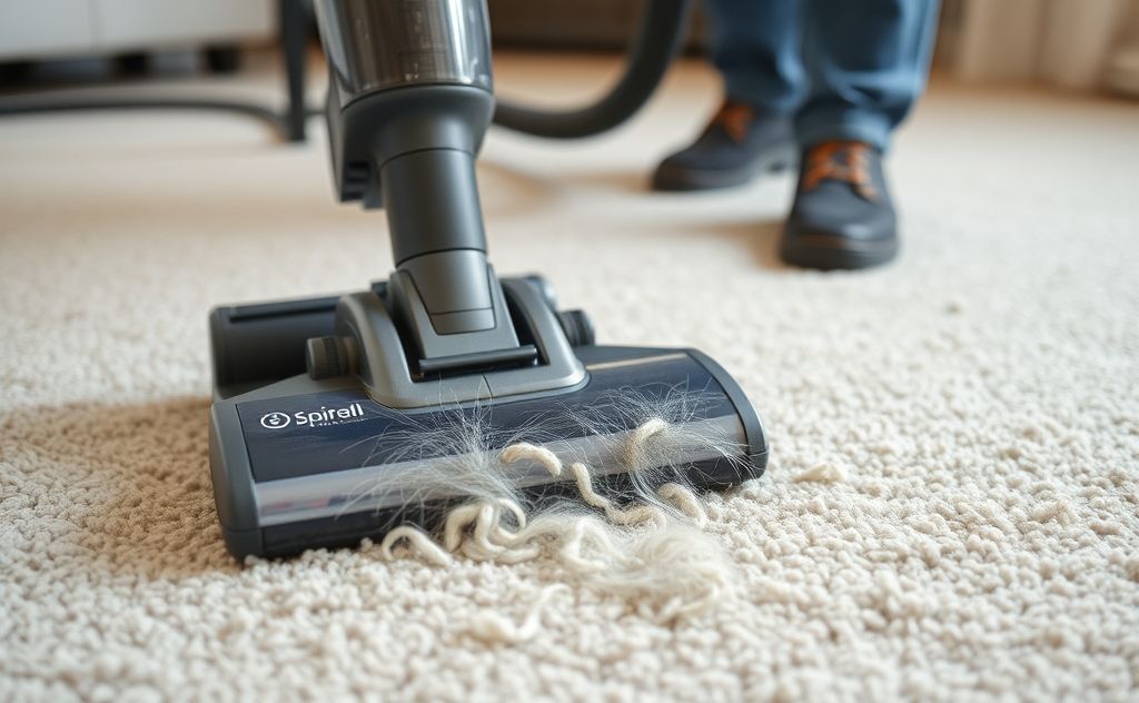 A powerful vacuum cleaner removing pet hair from a carpet.
