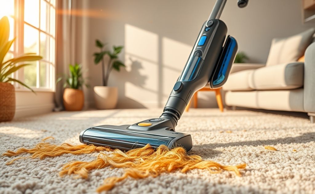 A powerful vacuum cleaning up pet hair from a carpeted floor.