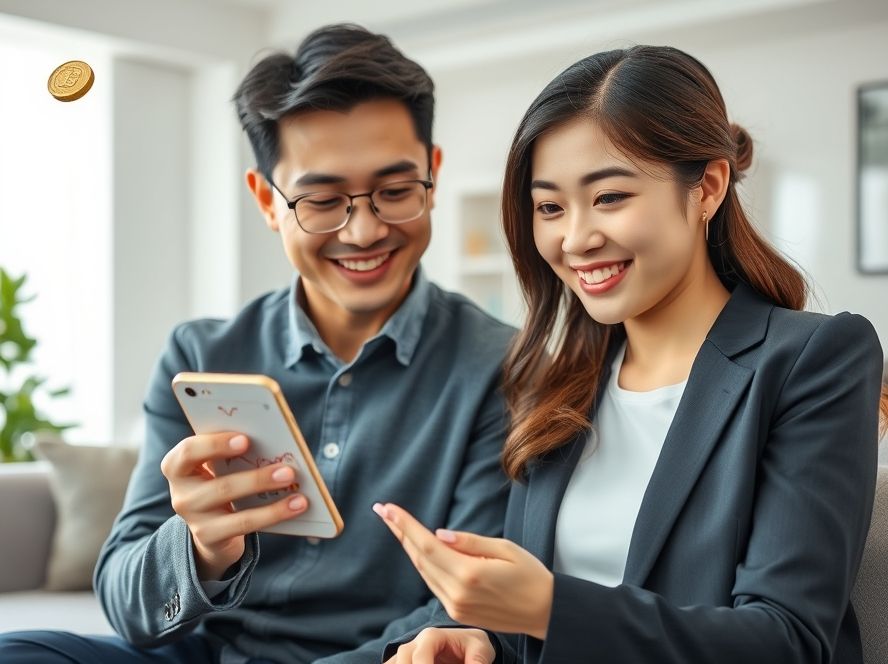 상생페이백과 지역화폐 중복 혜택으로 스마트한 재테크를 하는 한국인 부부의 모습.