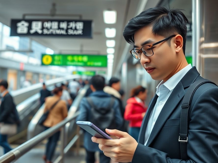 바쁜 서울 직장인이 지하철역에서 스마트하게 혜택을 찾는 모습