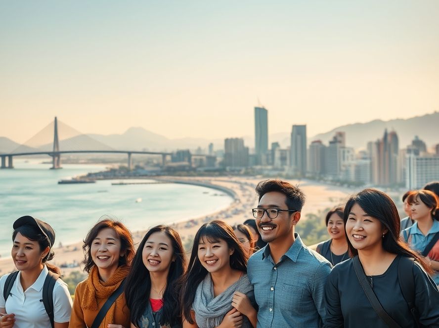 아름다운 부산 도시 풍경 속에서 행복한 시민들의 모습