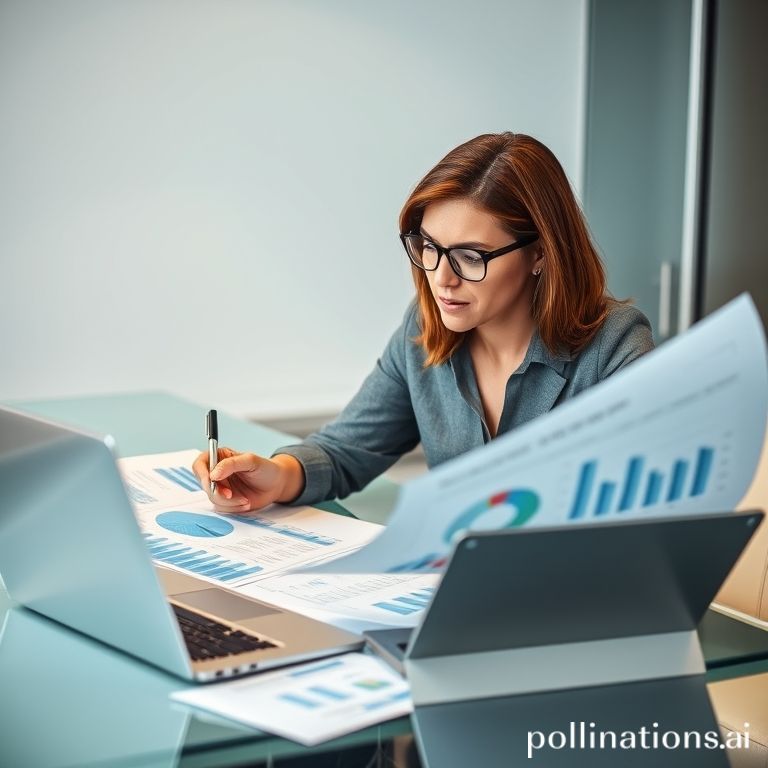 A focused businesswoman analyzing financial documents and reports on a desk, strategizing for effective financial planning and lending.
