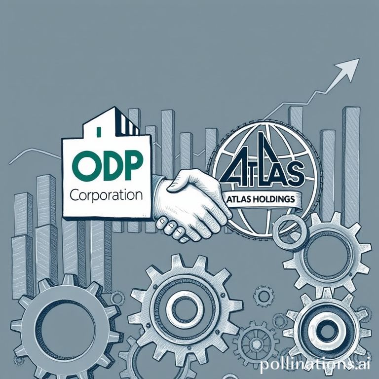 Illustration of The ODP Corporation and Atlas Holdings logos merging, symbolizing their strategic $1 billion acquisition.