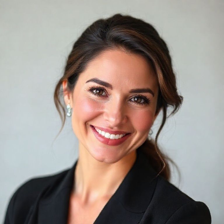 A professional portrait of Amanda Zahra, smiling warmly with a natural, elegant makeup look, against a soft-focus background, perhaps with a slight sparkle in her eyes.