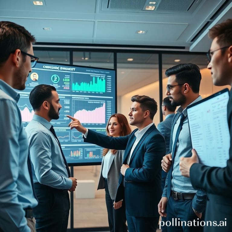 Fintech professionals analyze digital compliance data, charts, and regulatory checklists on large screens in a modern office.