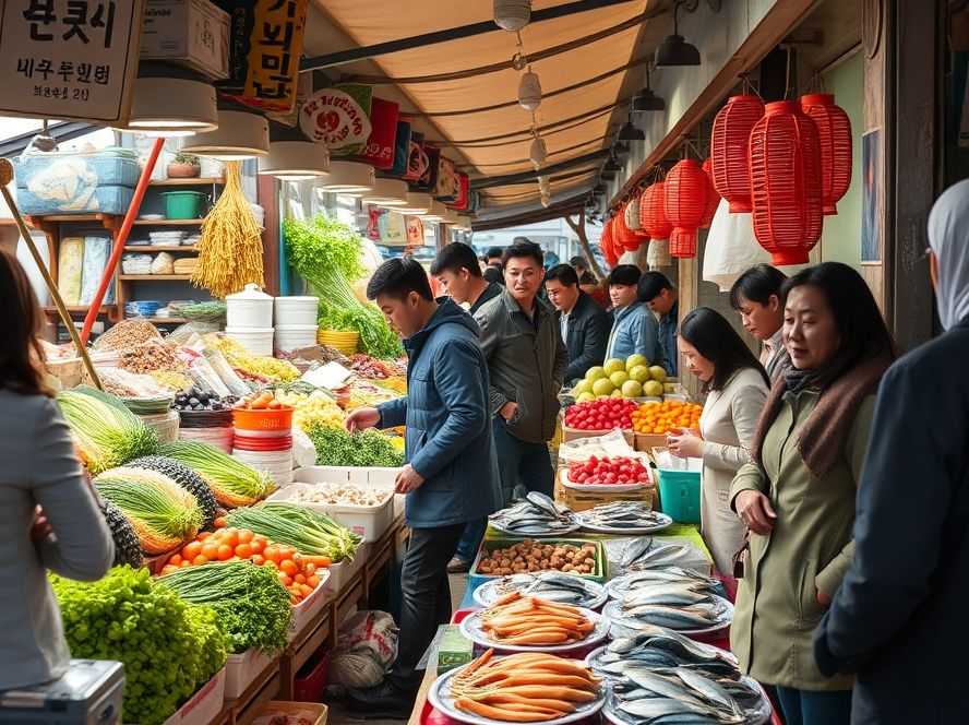 대전 유성 5일장에서 신선한 농산물을 사고파는 정겨운 시장 풍경.