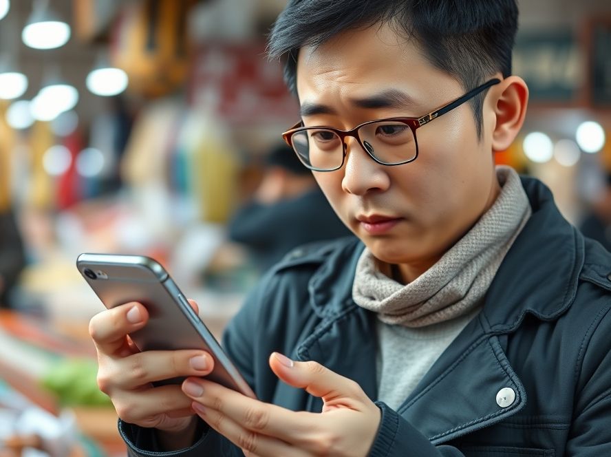 전통시장에서 상생페이백 사용법을 고민하는 사람의 모습.