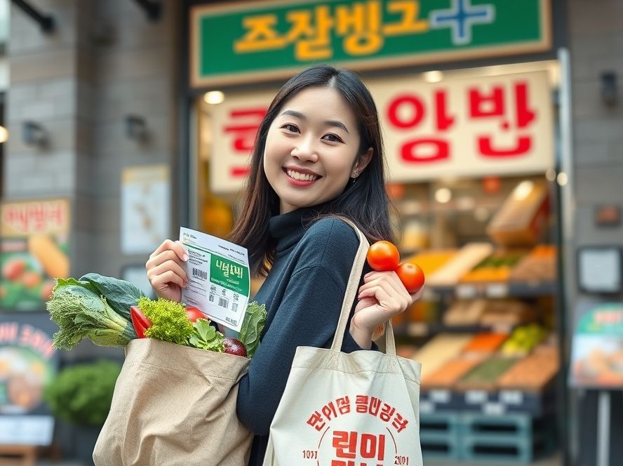 강북구 전통시장에서 현명하게 쇼핑하며 생활비를 절약하는 여성의 모습.
