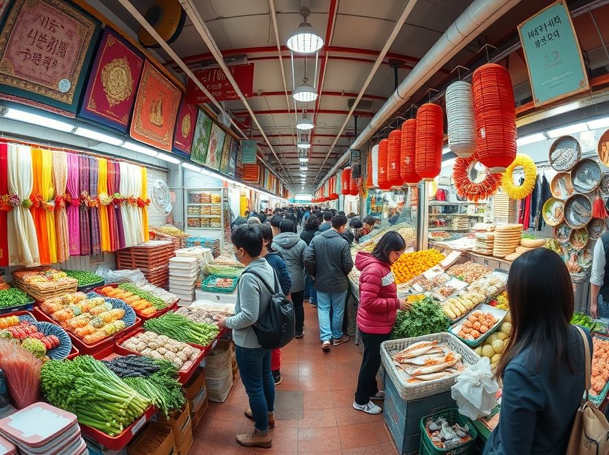 대전 중앙시장에서 혼수 용품과 신선한 먹거리를 구경하는 사람들.